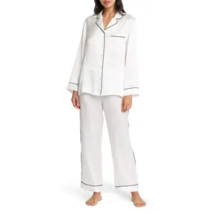 Factory made Custom Women's Silk Pajama Suit Set Sleepwear Plain Shiny Plus Size PJ Set Wholesale Loungewear Suit