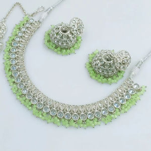 Latest Indian Jewelry Traditional <b>Silver</b> <b>Plated</b> Motipearl With Jumkha Earring and Maagtika Combo Necklace Set for Women - Product Image 1