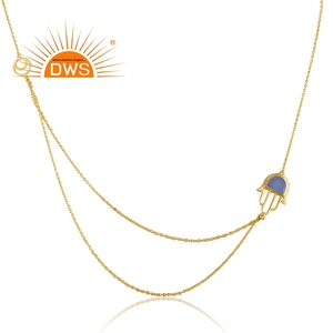 Aqua Chalcedony Gemstone Necklace Hamsa Hand Designer Gold Plated Silver Double Chain Necklace Jewelry Supplier - Product Image 3