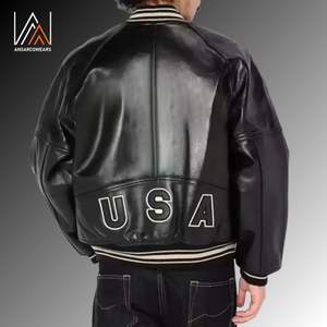 แจ็คเก็ตหนังเบสบอลสีดำเงาสำหรับผู้ชายแจ็คเก็ตบอมเบอร์เลตเตอร์แมนมีซิปรูด - Product Image 4