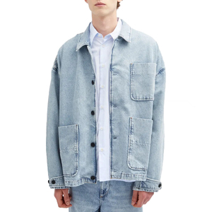 Vintage Light Blue <b>Quilted</b> Cotton Chore Denim Jacket Men Oversized Button Decoration Hooded Collar Solid Winter <b>Summer</b> Autumn - Product Image 1