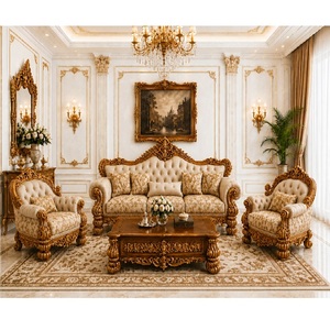 Juego de Sofás de Madera Tallada a Mano Estilo Gran Palacio, Compra Muebles de Sala de Estar Color Marrón con Tapicería Acolchada, Sofá Premium con Mesa de Centro - Product Image 1
