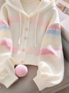 Best Selling 2025 New <b>Women's</b> High-End Hooded Knitted <b>Cardigan</b> Top <b>White</b> Block Lazy Style with Anti-Pilling Feature for Winter - Product Image 6