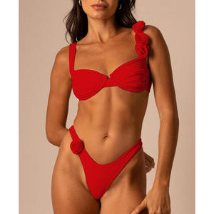 Ensemble bikini bandeau blanc uni pour femme avec fleurs 3D, deux pièces, bas échancré, coupe haute, maillot de bain push-up - Product Image 3