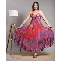 Robe longue vintage en soie tissée lavable, coupe trapèze, dos nu à lacets, idéale pour la plage et les soirées estivales
