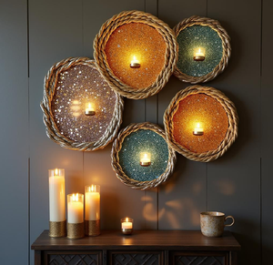 Colorful textured round <b>wall</b> tea light holders with rustic rope borders. Available at wholesale prices. - Product Image 5