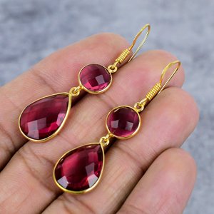 Rubellite rose ronde et poire forme pierre précieuse 925 argent Sterling plaqué or goutte boucles d'oreilles anniversaire boucle d'oreille cadeau pour elle - Product Image 3