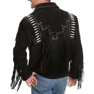 Best Looking OEM <b>Men's</b> Winter Casual Fringe <b>Suede</b> Leather <b>Jacket</b> High Quality Genuine Western Style Stand Collar Cowboy Style - Product Image 3