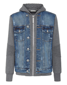 Vente en gros Veste en coton vintage pour homme décontractée avec capuche à manches longues et patchwork en denim avec logo personnalisé pour l'hiver - Product Image 1