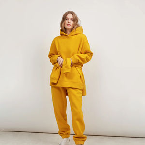 Nouveau style Logo personnalisé femmes décontracté solide longueur régulière hiver à manches longues polaire à capuche survêtement empilé pantalon - Product Image 3