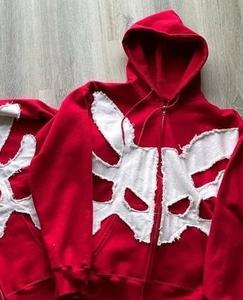 Sweat à capuche streetwear vintage lavé à l'acide personnalisé avec broderie en détresse motif crâne 100% coton hiver polaire sweat-shirt zippé - Product Image 5