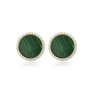 15 mm forme ronde charme Malachite CZ pierre 925 boucles d'oreilles en argent Sterling bijoux en gros turc fabriqué à la main - Product Image 1
