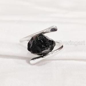 Joyería de piedra en bruto, anillo para mujer, piedra preciosa de turmalina negra cruda Natural, piedra de nacimiento de octubre, banda cruzada, anillo de Plata de Ley 925 - Product Image 3