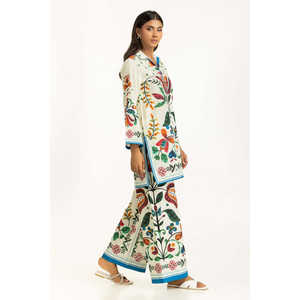 Ensemble coordonné bohème en coton blanc cassé imprimé avec tissu slub, hauts à manches trois-quarts, tailles XS à 3XL, pour tenues printemps/été, 3 pièces - Product Image 4