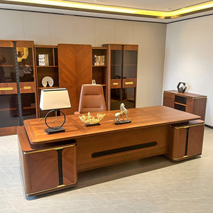 Walnut Veneer Solid Wood Rectangular Executive <b>Desk</b> <b>with</b> Dual Side Cabinets Leather Accents 1-Year Warranty - Product Image 3