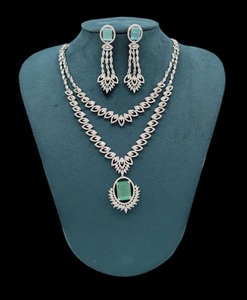 Designer Double Layer Zircon Diamond <b>Necklace</b> <b>Set</b> With <b>Earrings</b> <b>Silver</b> Finish <b>Necklace</b> <b>Set</b> CZ Diamond For Wedding For Women - Product Image 2