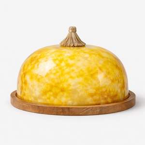 Yellow Marble Effect Dome <b>Butter</b> <b>Dish</b> Resin Cheese Keeper With Wooden Tray Decorative Food Cover For Breakfast Table Server - Product Image 2