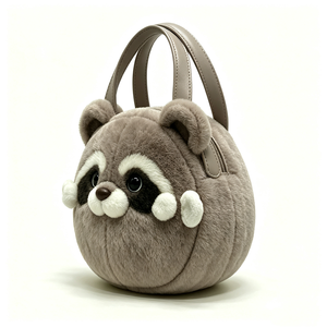 Bolso de mano personalizado con forma de animal de peluche, bolso redondo de peluche de mapache gris, bolso de hombro de peluche de mapache suave - Product Image 5