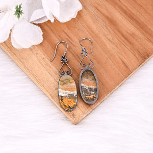 Boucle d'oreille pendante en jaspe abeille, rhodié noir, faite à la main, cabochon poli, pour femme, pour usage quotidien - Product Image 4