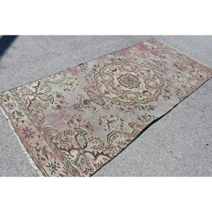 Alfombra de lana verde rosa Vintage 4,2X9,2 pies tejido plano turco patrón de retazos alfombra de sala de estar para decoración de adolescentes - Product Image 1