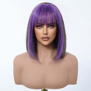 DWY Purple and Grey Short Straight <b>Bob</b> <b>Wig</b> Lace Front Synthetic High Temperature Fiber Natural and Stylish" - Product Image 4