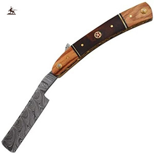 Maquinilla de afeitar recta de acero de Damasco personalizable OEM con mango de madera y cinturón de afilado de peluquero para afeitar la garganta - Product Image 4