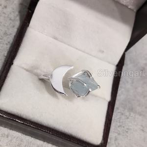 Bijoux en pierre brute bague pour femme aigue-marine naturelle pierre précieuse brute mars pierre de naissance croissant de lune bijoux bague en argent Sterling 925 - Product Image 3