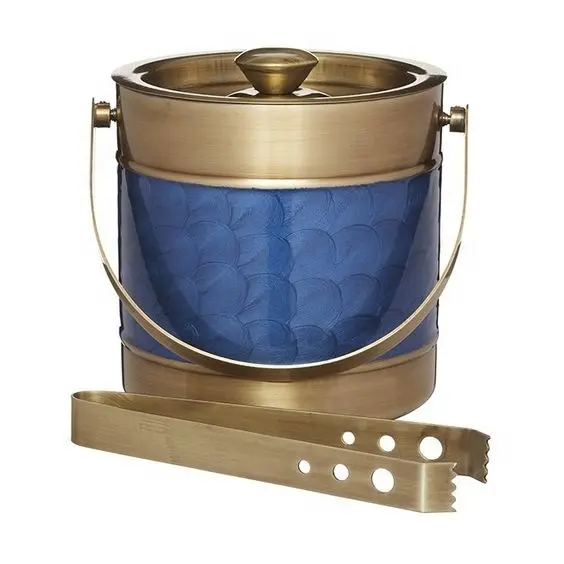 Balde de gelo luxuoso com tampa e pinças, aço inoxidável, acabamento azul e dourado em cores esmaltadas meia-noite