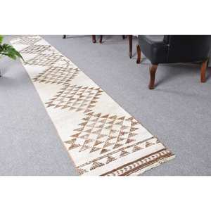 Alfombra turca Vintage moderna de 1,9x12,5 pies, diseño de retazos blanco y marrón, alfombra clásica de lana para sala de estar, pasillo, rectángulo de látex - Product Image 1