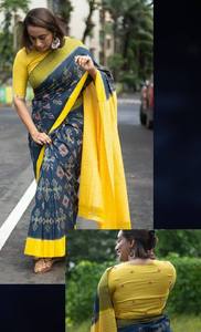 Saree en pur lin avec des motifs Kalamkari élégants et un saree contrastant à impression numérique à grande bordure pour une tenue de fête - Product Image 4