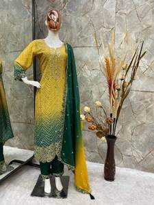 ผ้าไหมแฟนซีพิมพ์ลายและลำดับงานปักด้านบนและกางเกงกับ dupatta - Product Image 4