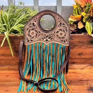 Meilleure vente usiné à la main en cuir véritable grand sac à bandoulière à franges turquoises pour femmes sac à main à poignée supérieure florale en cuir de vachette occidentale - Product Image 3