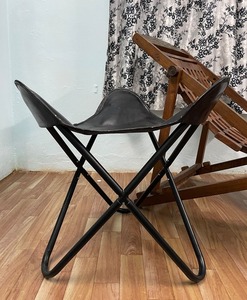 <b>Leather</b> Footstool Black Colour Butterfly <b>Leather</b> Foldable Camping Best Safari Stool Personalised Gift - Product Image 2