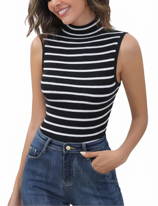 New Design Striped Tank <b>Top</b> Plain Dyed Turtleneck Sleeveless Cotton Polyester Lightweight & Breathable Fitted <b>Top</b> For Women's - Product Image 3