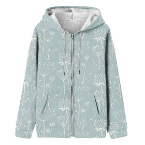 Winter Pastel Green Nature-Inspired <b>Floral</b> Botanical Print Full-Zip <b>Sweatshirt</b> Women Sublimation Hoodie with Front Custom Logo - Product Image 1