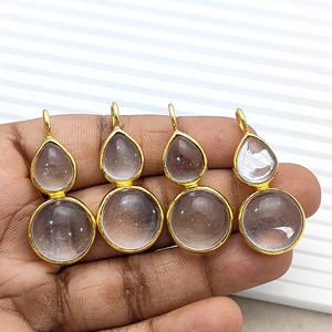 Colgante de Plata 925 con Cuarzo Transparente en Forma de Gota - Dije de Piedra Preciosa Redonda y en Forma de Lágrima - Colgante con Bisel Chapado en Oro - Suministros para la Fabricación de Joyería DIY - Product Image 3