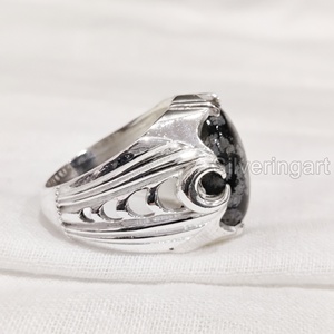 ขายส่งบุรุษแหวนมาใหม่เกล็ดหิมะธรรมชาติObsidianอัญมณีการออกแบบภาษาอาหรับFineงานแต่งงานเครื่องประดับแหวนเงิน 925 - Product Image 5