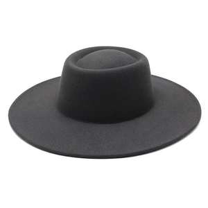 Chapeau Fedora à large bord de 9,5 cm de haute qualité en gros, chapeau en feutre à sommet plat unisexe pour femmes et hommes - Product Image 3