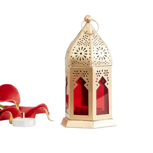 Moroccan Style Hanging <b>Lantern</b> Metal Scroll Stand Set <b>Black</b> Finish Arabic <b>Lantern</b> with Patterned Glass Panels for Table Decor - Product Image 5