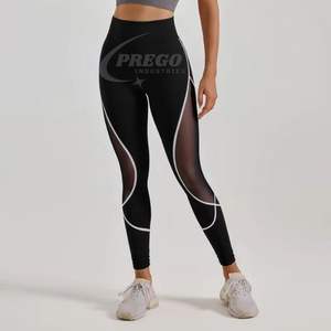 Leggings de sport pour femmes à taille haute avec cordon de serrage et taille élastique, couleur contrastée, maille, gym, yoga, pantalon de levage des hanches, uni - Product Image 5