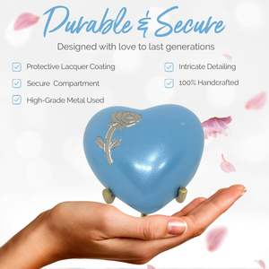 Urna de Corazón Azul-Recuerdo para cenizas humanas con caja negra y soporte-Urna pequeña en forma de corazón-Mini urna de Rosa hecha a mano - Product Image 5