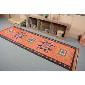 Tapis en laine turque vintage 31x101 pieds tapis orange tissage plat Patchwork Design pour décorations de salon - Product Image 3