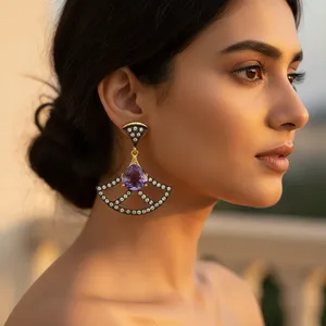 Boucles d'oreilles pendantes tendance en argent 925 plaqué or avec améthyste et turquoise géométriques pour femme, idéales pour les soirées - Product Image 3