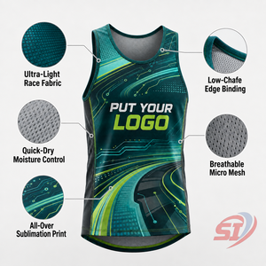 Fabricant de débardeurs de course personnalisés avec logo, séchage rapide, respirant, couleur vert-bleu circuit drift - Product Image 3