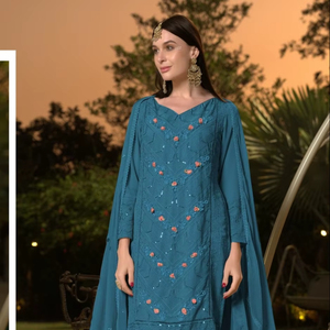 ชุดปากีสถานผ้าจอร์เจตต์เนื้อหนาแบบใหม่ พร้อมงานปักลาย Khalid แบบกึ่งสำเร็จรูป ขายส่งสำหรับผู้หญิง - Product Image 1