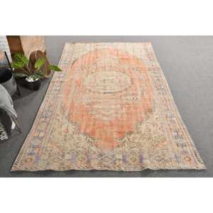 Vintage 5.5 X 9.5 ft Orange Beige Wool Rug Classic <b>Turkish</b> Patchwork Rectangle Striped Design Living Room Hallway Latex <b>Carpet</b> - Product Image 4