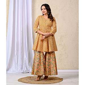 ชุดชาราร่าผ้าฝ้ายพิมพ์ลายสีเหลืองสำหรับผู้หญิง เสื้อแขนสามส่วน - Product Image 3