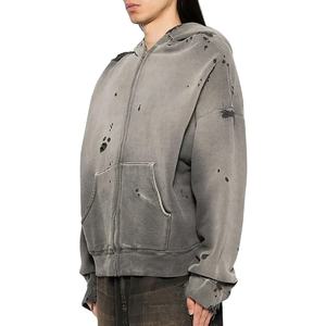 Boxy personnalisé Fit 500GSM Heavyweight hommes sweats à capuche lavés Vintage en détresse recadrée lavage à l'acide sweat à capuche zippé tissu confortable - Product Image 4