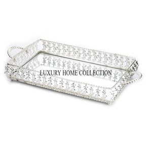 Lujosa bandeja de espejo de vidrio de metal en tono dorado con asas elegantes de patrón en relieve Vintage para decoración de mesa de café o tocador - Product Image 6