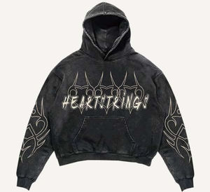 100% français Terry basics coton mélangé sérigraphie Vintage à capuche soleil fondu en détresse noir acide lavage surdimensionné hommes sweats à capuche - Product Image 4